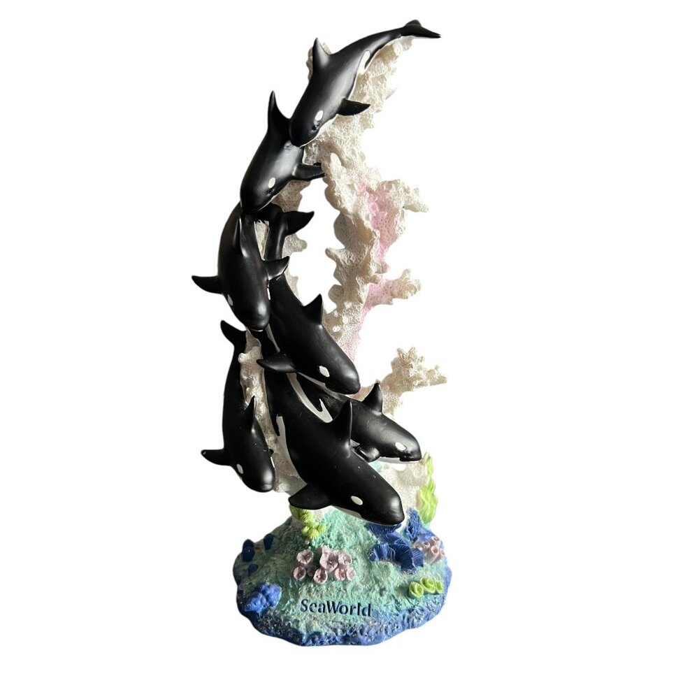 Vintage Seaworld Family Of Orca Whales Shamu On‎ White Coral 10" Ceramic Statue